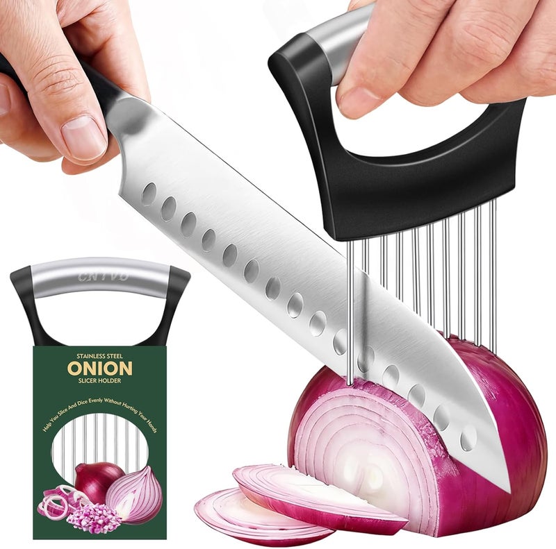 CNTVO Onion Holder for Slicing, Stainless Steel Onion Slicer, Onions Slicer Holder with Protective Cover, Multi-Use Vegetable Chopper for Onions Tomatoes Avocados Potato Eggs Kiwifruit Meat Lemon - Image 1